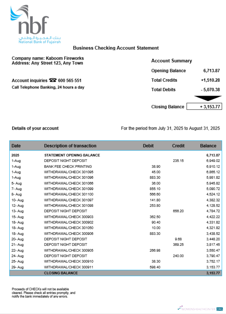 UAE Fujeirah National bank (NFB) organization checking account statement Word and PDF template